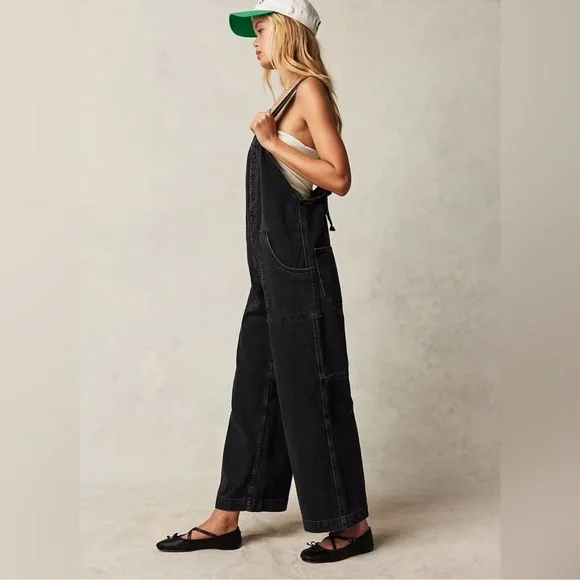 NEW Free People We The Free Fields of Flowers Wide Leg Black Denim Overalls XL - Picture 3 of 15